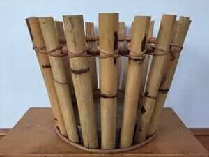 Vintage Italian Wicker Natural Bamboo Wood Round Planter Potter Porch Pot 13x11